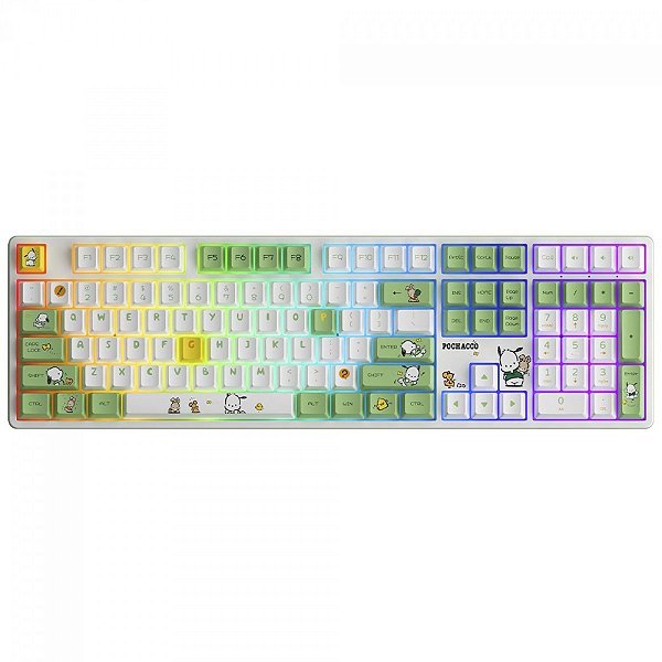 Teclado Mecânico Gamer Akko 5108B-Plus Pochacco, RGB, Wireless/Bluetooth/USB, ANSI, Switch Cream Yellow V3 Pro - Akko 5108B Green