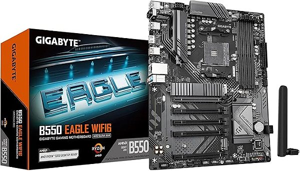 Placa-mãe GIGABYTE B550 Eagle WIFI6 - AMD Ryzen 5000 G-Series CPUs, 10+3+1 fases VRM, até 3200MHz DDR4, 1xPCIe 4.0 + 1xPCIe 3.0 M.2, LAN 1GbE, WiFi 6, USB 3.2 Gen 2