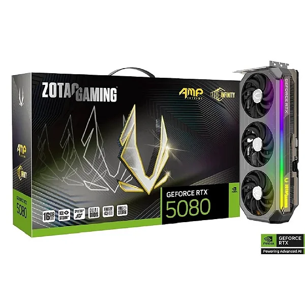 Placa De Vídeo Zotac RTX 5080 Amp, 16gb, Gddr7, 256 Bits, Displayport, HDMI, Uhbr, PCie, Preto - zt-b50800b-10p