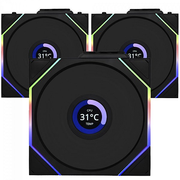 Kit Fan Com 3 Unidades Lian Li Uni Fan TL Wireless LCD, ARGB, 120mm, Com Tela, Black, 12TLLCD1W3B