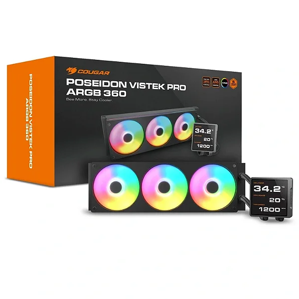 Water Cooler Cougar Poseidon Vistek Pro ARGB 360, Radiador de 360mm, Tela LCD de 3.95" Integrada, Preto - 3MPVP360.0001