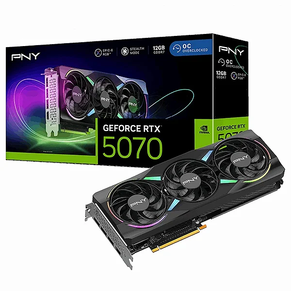 Placa de Vídeo PNY NVIDIA GeForce RTX 5070 EPIC-X RGB OC Triple Fan, 12GB, GDDR7, DLSS, Ray Tracing, VCG507012TFXXPB1-O