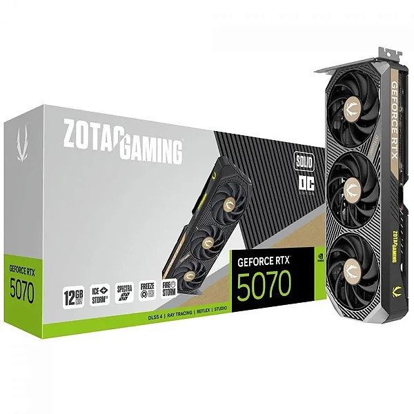 Placa De Vídeo Zotac Gaming Nvidia Geforce RTX 5070 Solid Oc, 12gb, Gddr7, Dlss, Ray Tracing - Zt-b50700j-10p