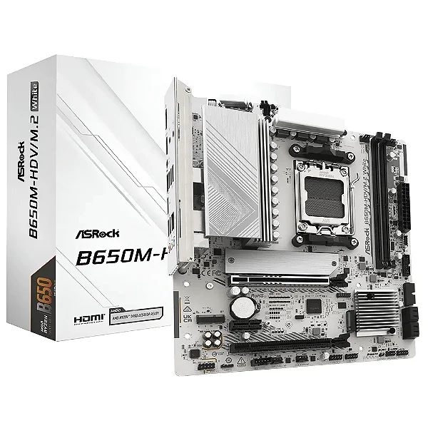 Placa Mãe Asrock B650m-hdv/m.2 White Socket Am5 Ddr5 Micro Atx PCie 4.0 2x M.2 Usb 3.2 Gen 2 RGB - B650M-HDV/M.2 White