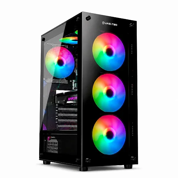 Gabinete Gamer Liketec Matrix V2, Mid Tower, Rainbow, ATX, Lateral e Frontal em Vidro Temperado, 3 Ventoinhas, Preto - MATRIX-V2