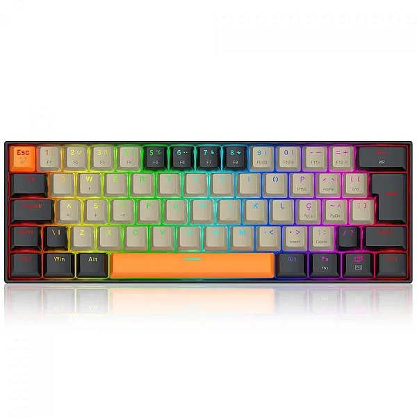 Teclado Mecânico Gamer Redragon Draconic PRO, RGB, Wireless/Bluetooth, 60%, Switch Brown, ABNT2, Cinza, Laranja e Preto, K530-OG-GY-BK
