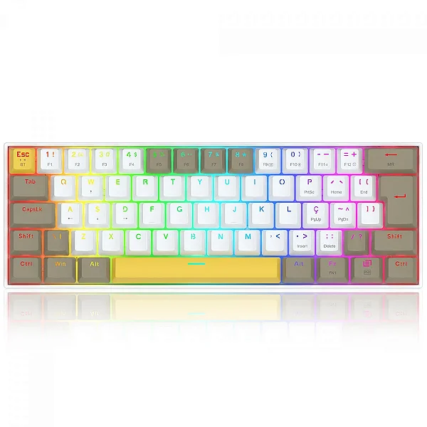 Teclado Mecânico Gamer Redragon Draconic PRO, RGB, Wireless/Bluetooth, 60%, Switch Brown, ABNT2, Branco, Amarelo e Cinza, K530-YL-WT-GY