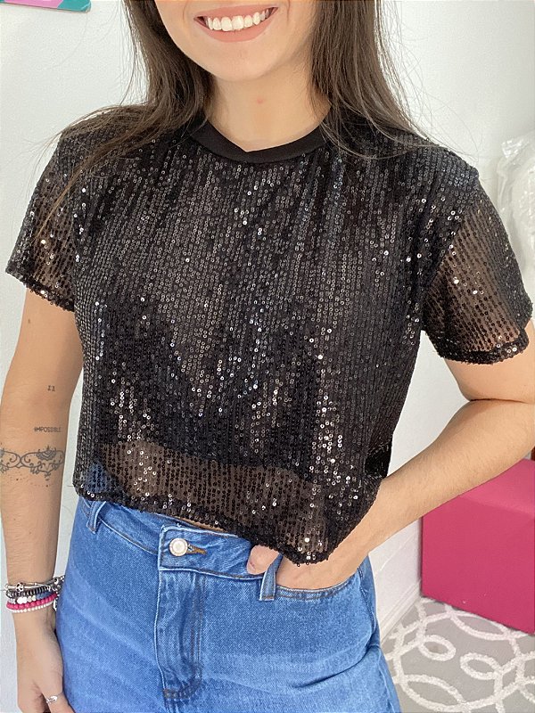 CROPPED PAETÊ BORN TO SHINE - PRETO