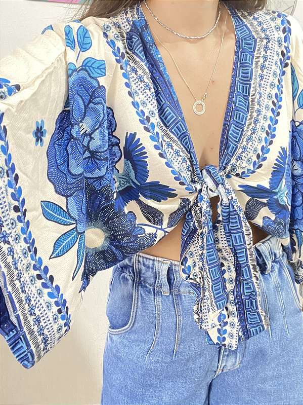 BLUSA AMARRAÇÕES SANTORINI BRANCO COM AZUL