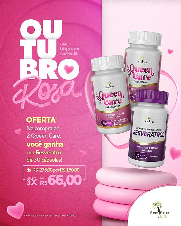 NA COMPRA DE 2 QUEEN CARE GANHE UM RESVERATROL 30 CAPSULAS