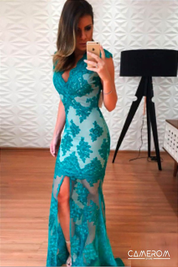 Vestido Longo Verde em Tule Bordado Bárbara - Cloude