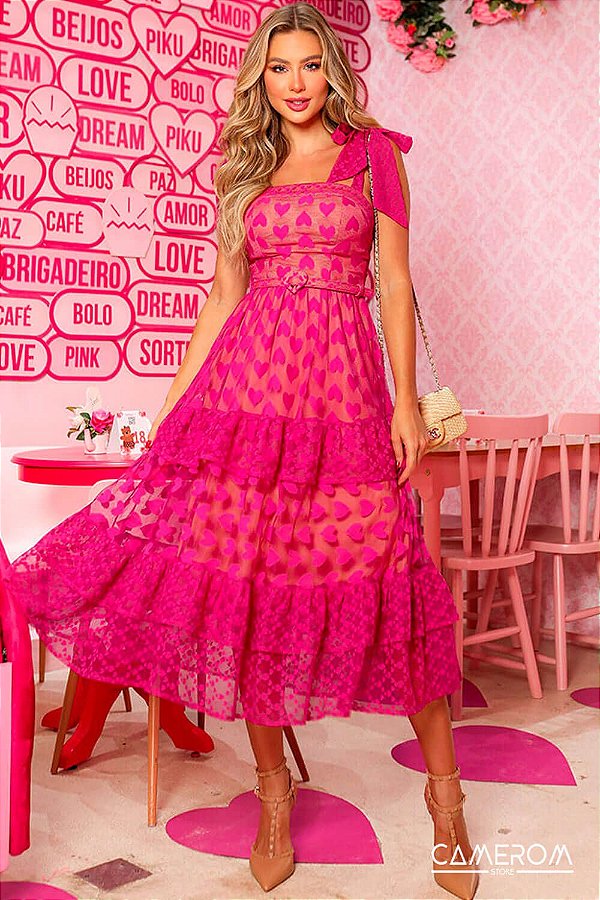 Vestido Midi em tule Pink Corações Beloved
