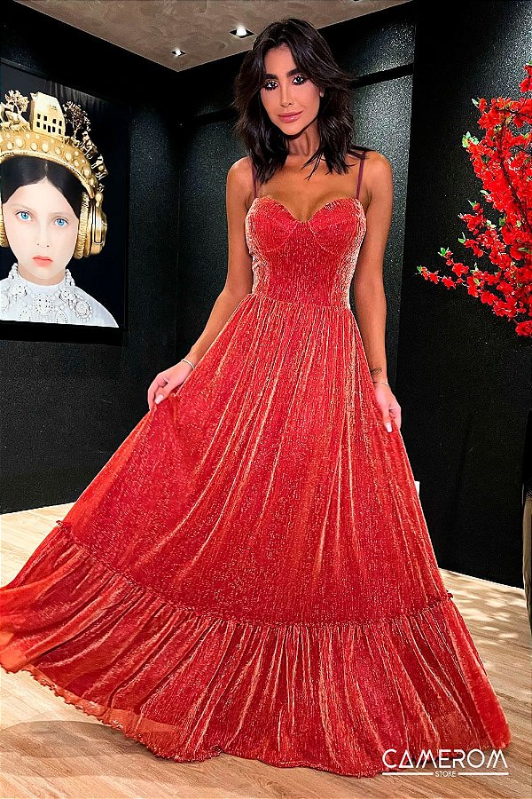 Vestido Longo Vermelho Coral em Lurex Splendore