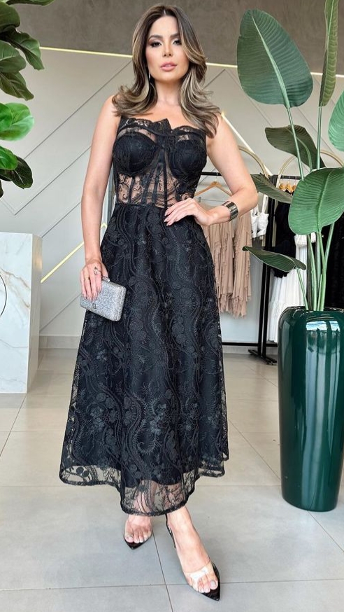 Vestido Midi Corselet em tule Preto Bia  - Pre venda