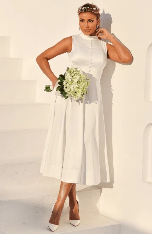 Vestido Midi de Crepe Acetinado Off-White Wife-To-Be