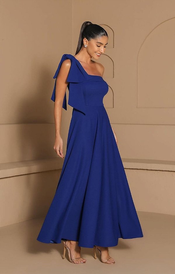 Vestido Longuete Azul Royal um Ombro com Laço Maiale