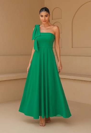 Vestido Longuete Verde um Ombro com Laço Maiale