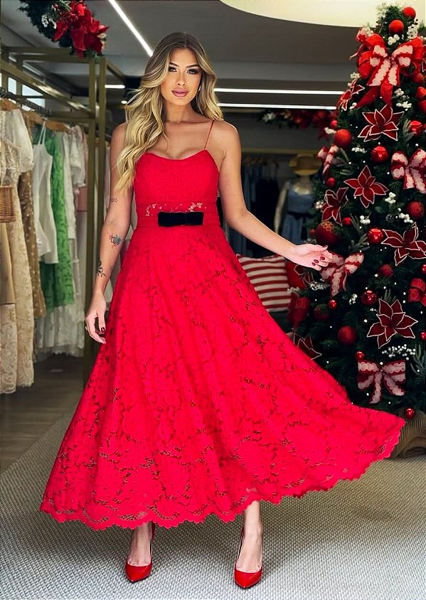 Vestido Midi de Renda Vermelha Chris