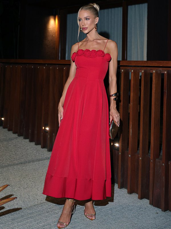 Vestido Midi Vermelho de Crepe Flora