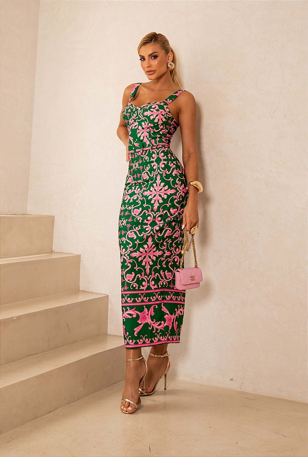 Vestido Midi de Crepe Estampado Jade Verde