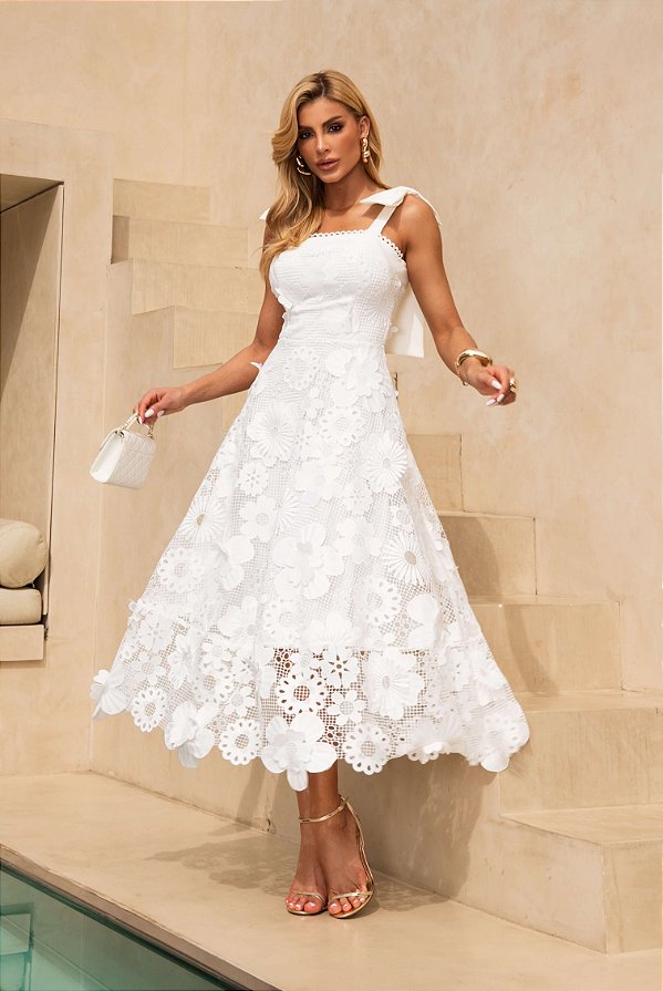 Vestido Midi de Renda Off-White Roma Julia Vieira