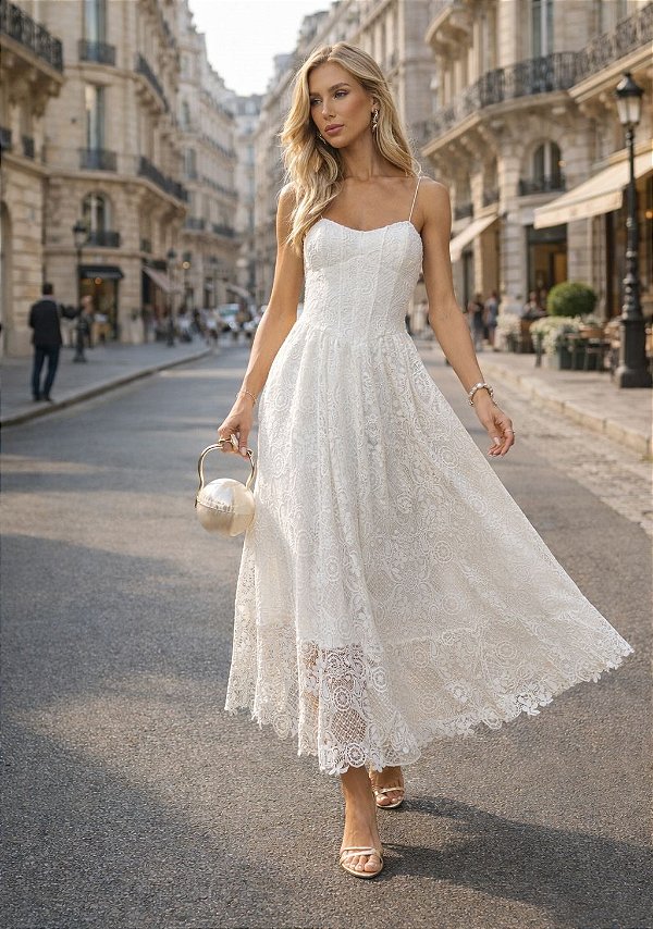 Vestido Midi de Renda Off-White Infinito