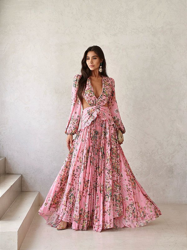 Vestido Longo Estampado Rosa Florir