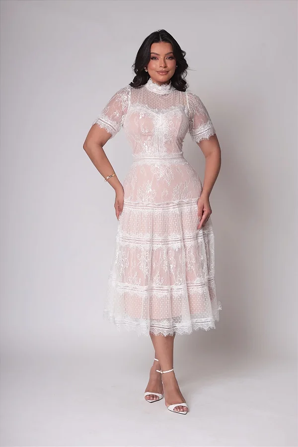 Vestido Midi Off White em Renda e Tule com Guipir Angel