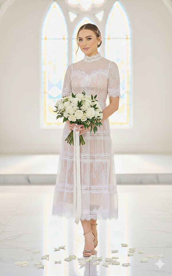 Vestido Midi Off White em Renda e Tule com Guipir Angel