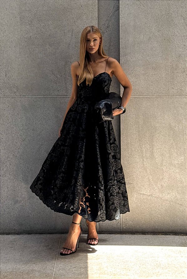 Vestido Midi Preto Em Renda de Couro Gabi