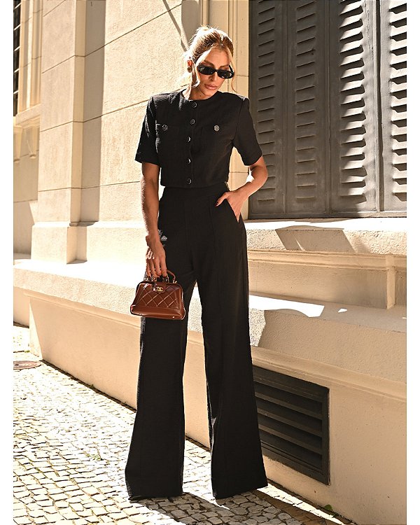 Conjunto de Cropped e Calça em Tweed Preto Lady