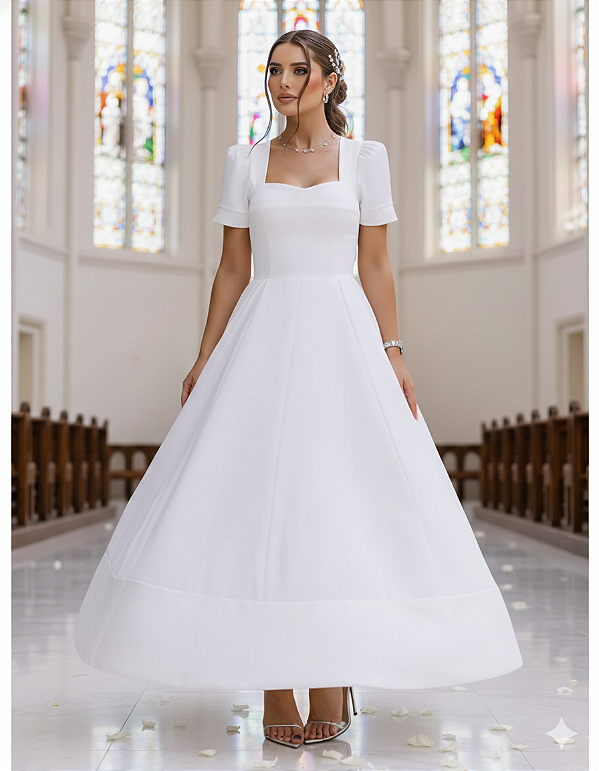 Vestido Midi Off White Manga Bufante e Decote Coração Bianca