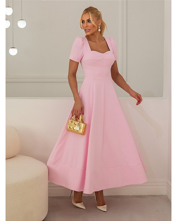Vestido Midi Rosa Manga Bufante e Decote Coração Bianca