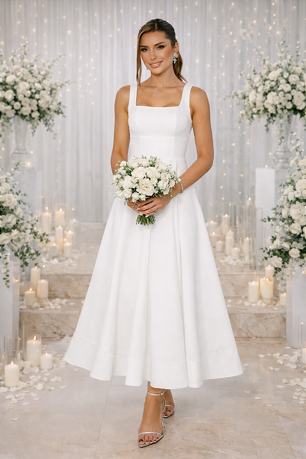 Vestido Midi Decote Quadrado e Recorte nas Costas Off White Luna