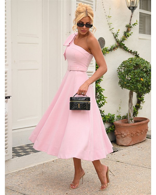Vestido Rosa Midi Godê com Cinto Aliança