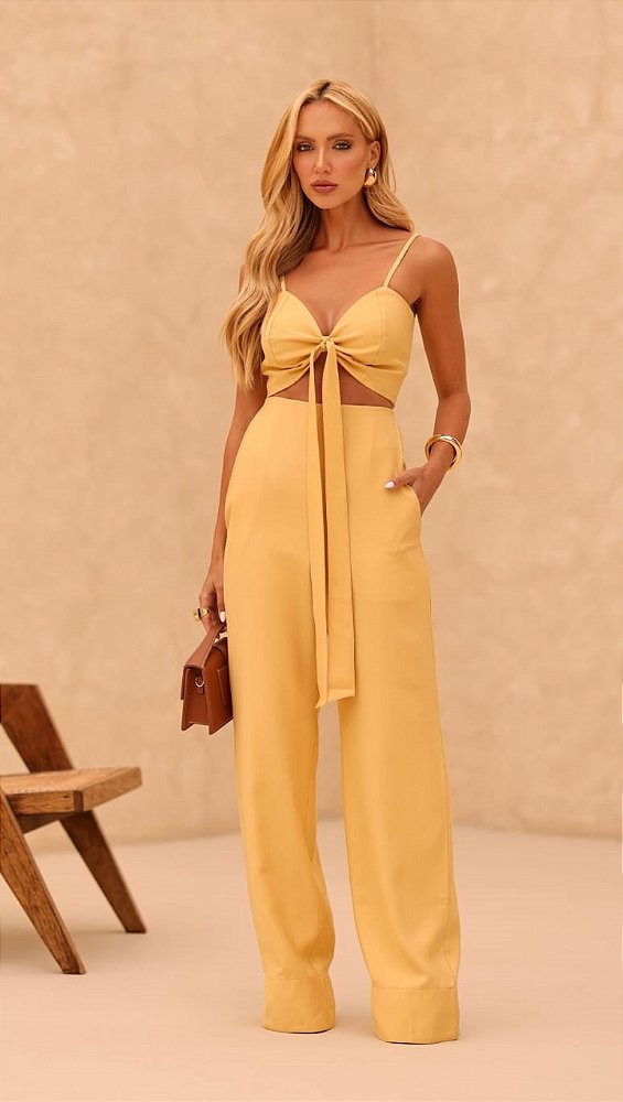 Conjunto Calça e Cropped Amarelo Soft