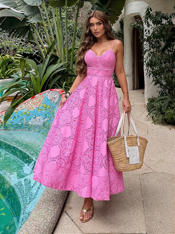 Vestido Midi Cor de Rosa em Renda Valentina