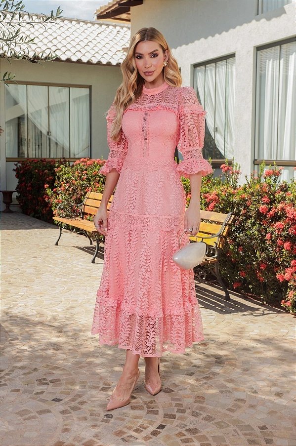 Vestido Midi em Renda com Guipir Coral Teodora