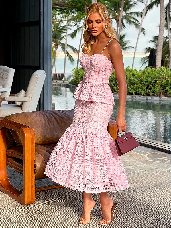 Vestido Midi de Renda Rosa Belle