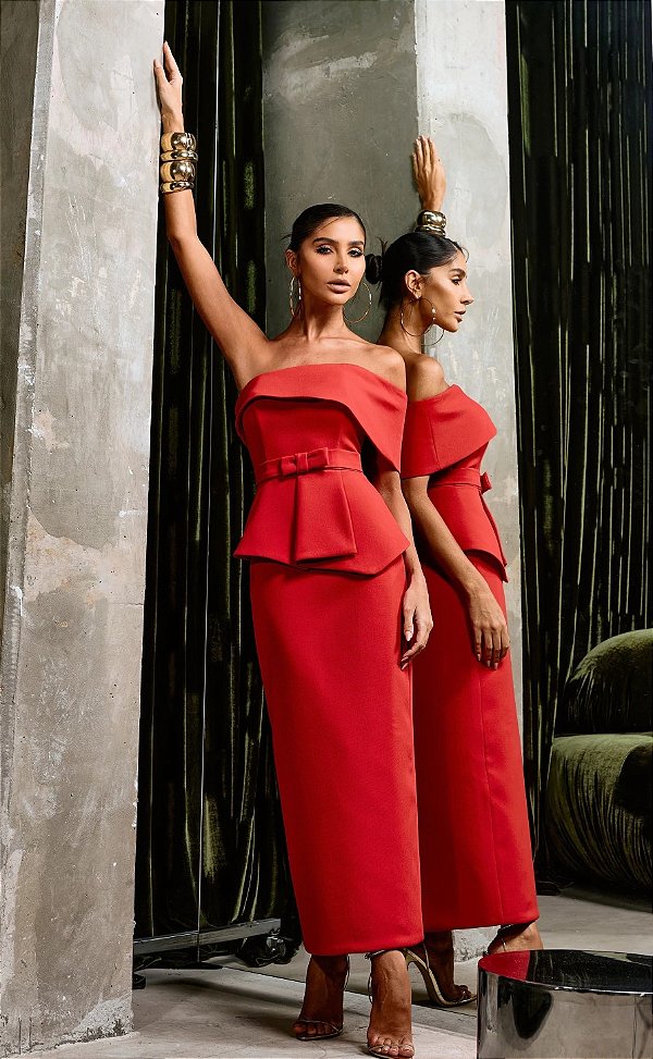 Vestido Midi Peplum Vermelho Mag