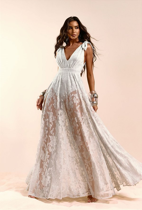 Vestido Longo Tule Shine com Decote V e Fendas