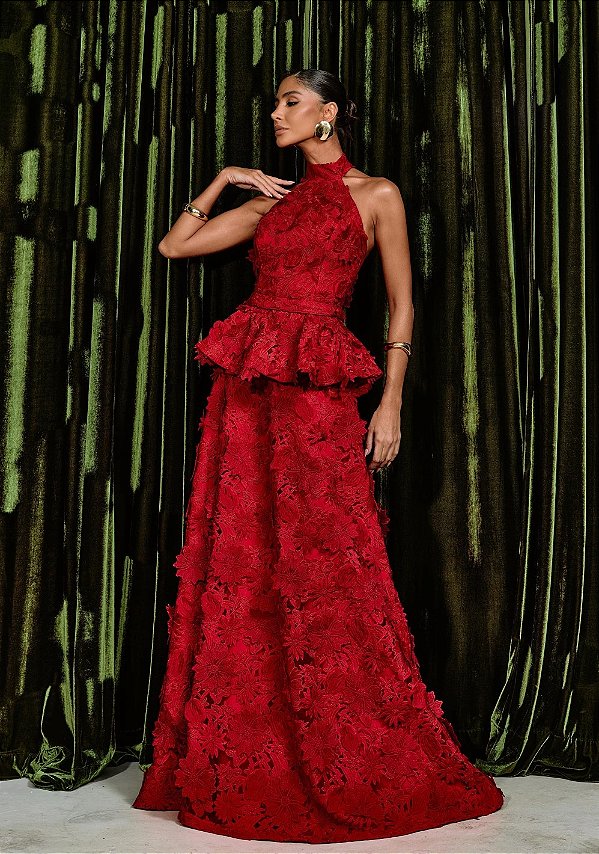 Vestido Longo Peplum Vermelho Flor