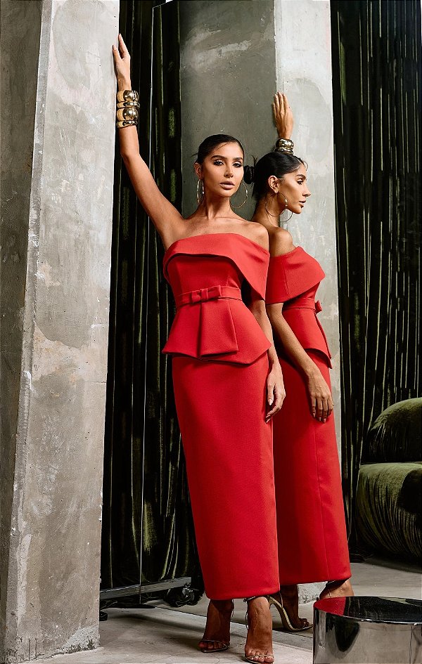 Vestido Midi Peplum Vermelho Mare