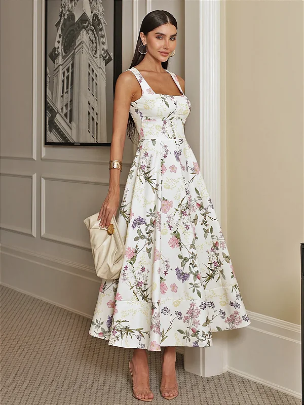 Vestido Midi Floral em Crepe Carmo