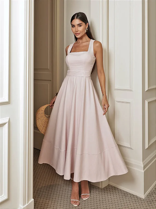 Vestido Midi Rosa Claro em Viscolinho Sara