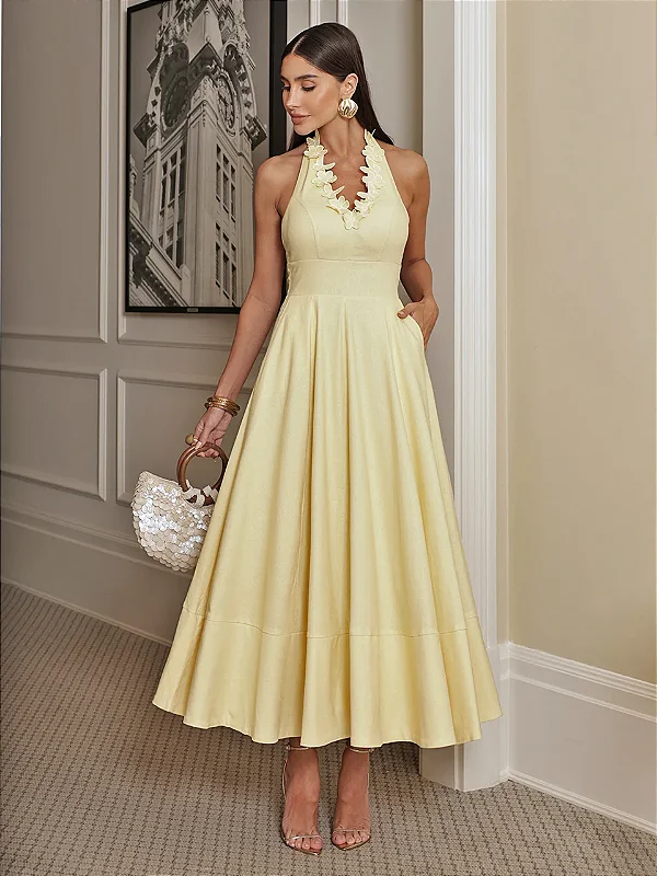 Vestido Midi Amarelo Manteiga Leandra