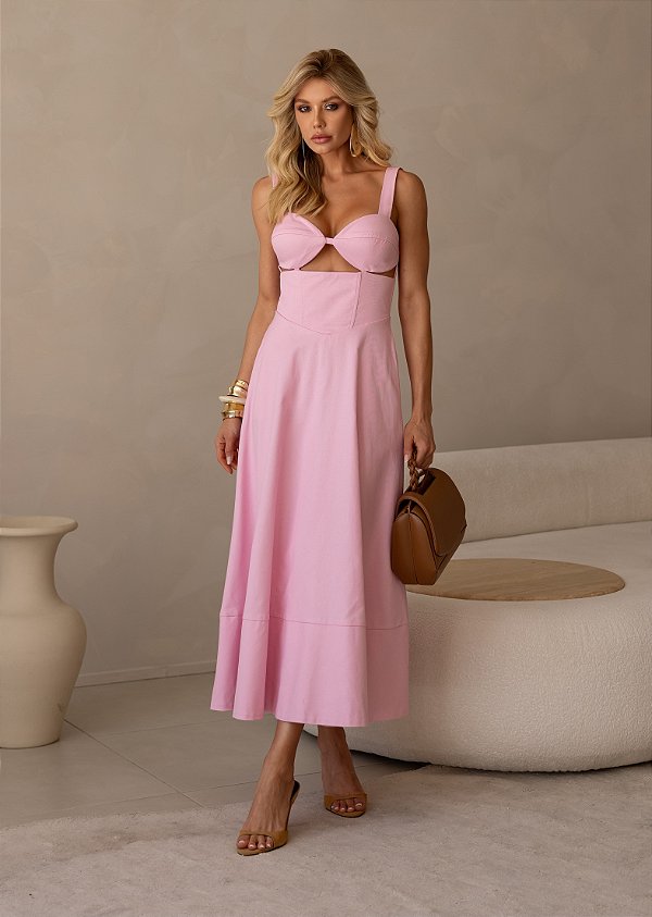 Vestido Midi em Sarja Rosa Leona