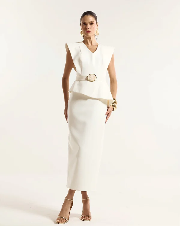 Vestido Midi Off-White Peplum Jade