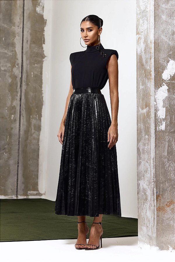 Saia Mídi Couro Plissada