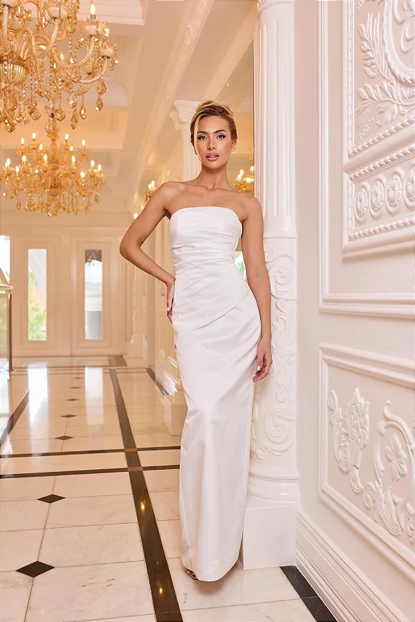 Vestido Longuete em Cetim Off White Catherine